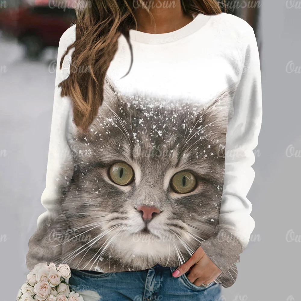 Cat Print maniche lunghe Tees Pullover Casual allentato Street abbigliamento femminile divertente carino top autunno/inverno cotone t-shirt da donna