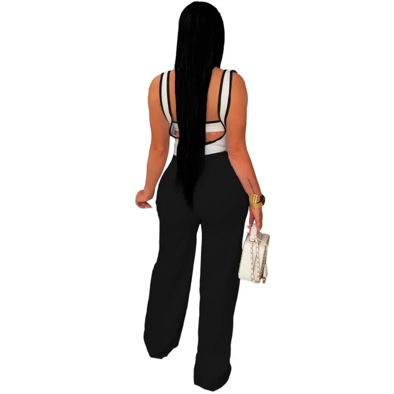 Fashion Women 2 Piece Set Strapless Crop Top Color Patchwork Buttons 2024 Spaghetti Straps Wide Leg Pants Jumpsuits Streetwear image 2