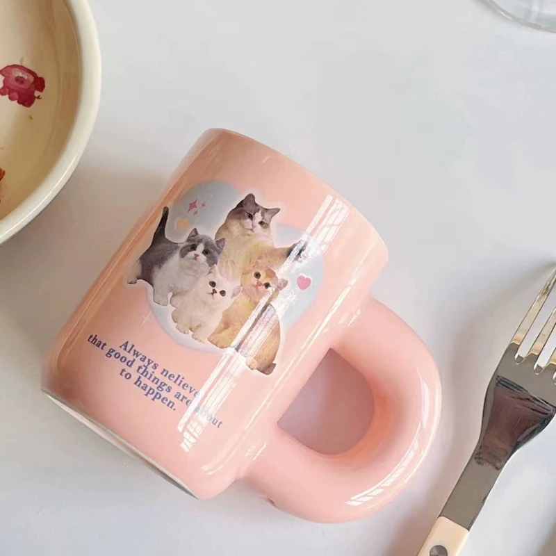 Pink Cute Kitten Mugs Girls To Drink Breakfast Coffee Milk Cup Ceramic Chubby Handle Christmas Gift Office Cups 300ML Drinkware