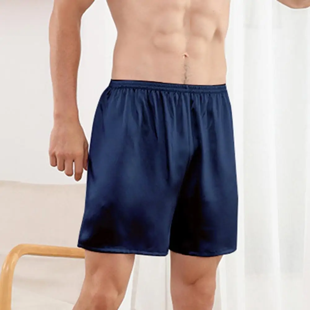 Solid Color Lounge Shorts Men's Imitation Silk Casual Shorts with Elastic Waistband Smooth Fabric Wide Homewear