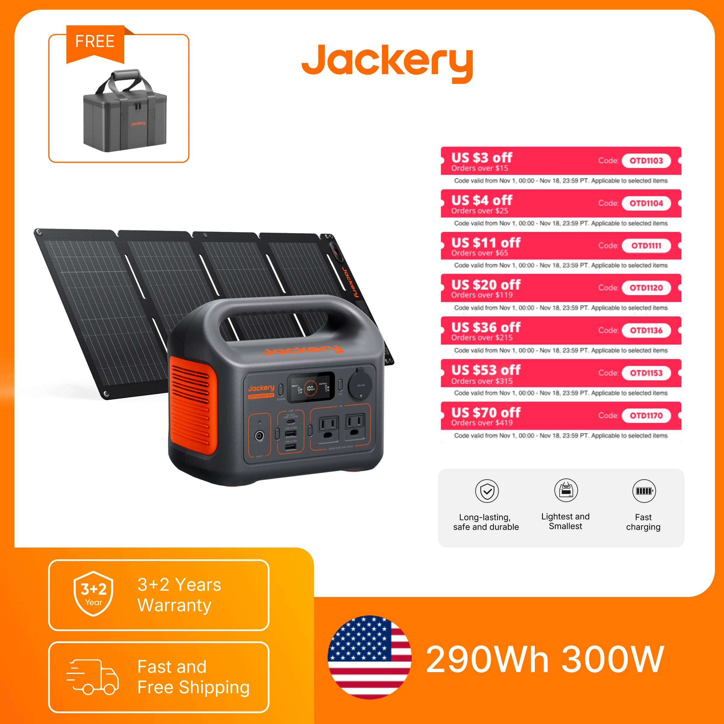 Jackery E300New 286Wh Portable Power Station with 40Wair Solar Panel and S Size Carrying Case, 300W Pure Sine Wave AC Output, 500W Surge and 60W USB-C PD for Camping, Travel and Emergency Backup
