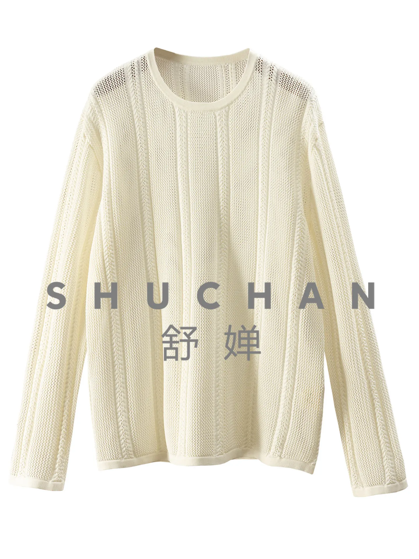 Simple and Casual Pullover Penny Natural Silk Cotton Crew Neck Long Sleeve Hollow Knitted Sweater Women 24W6