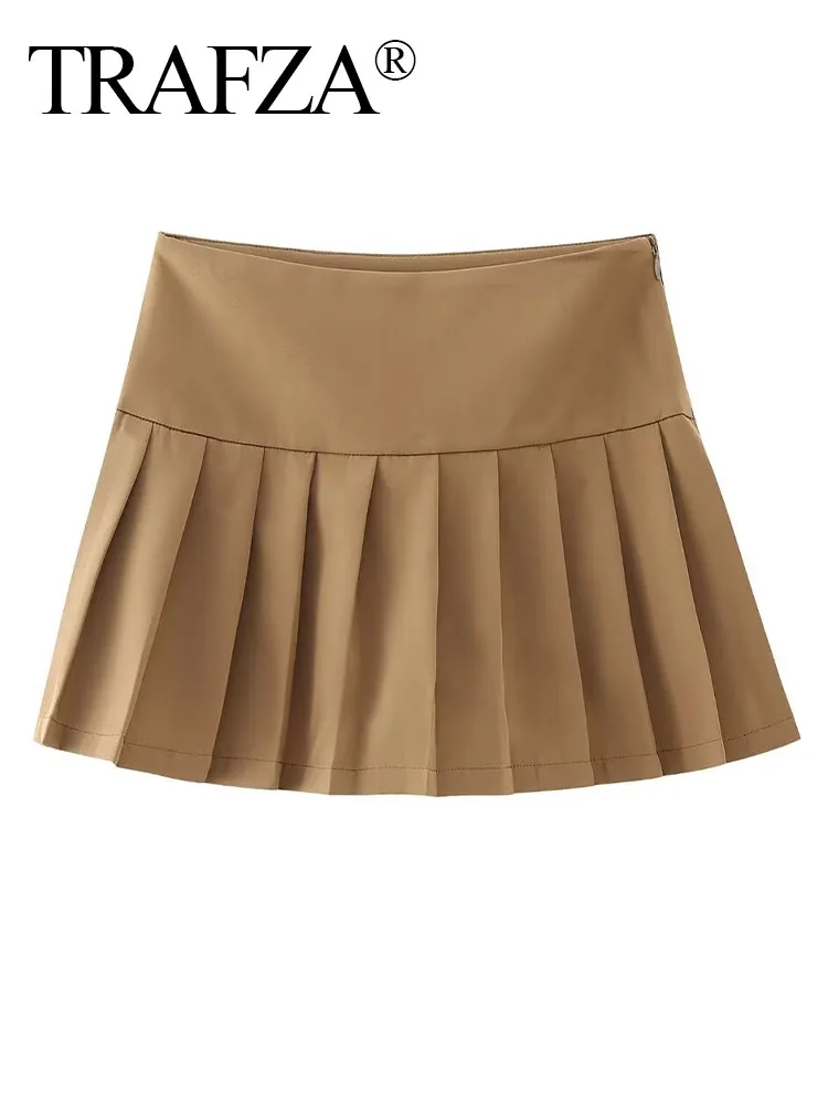 TRAFZA Women Summer Solid Wide Pleated Decoration Mini Culottes Woman High Waist Side Zip Fashion Street Style Skirt Pant Mujer