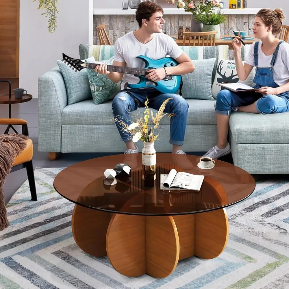 

Коричневый круглый стеклянный журнальный столик в деревенском стиле с ножками из массива дерева для гостиной, диаметр 31,5