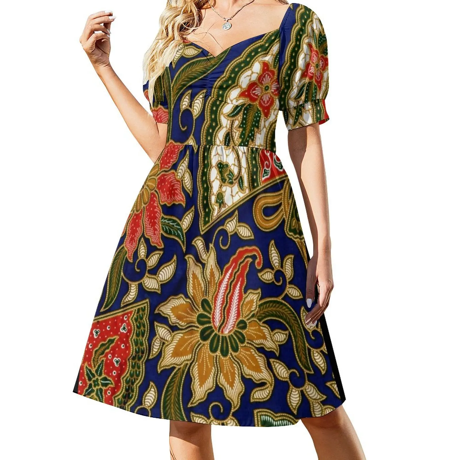 

Indonesian Batik Floral Pattern With Fans Short-Sleeved Dress womens clothing women's summer clothing 2025