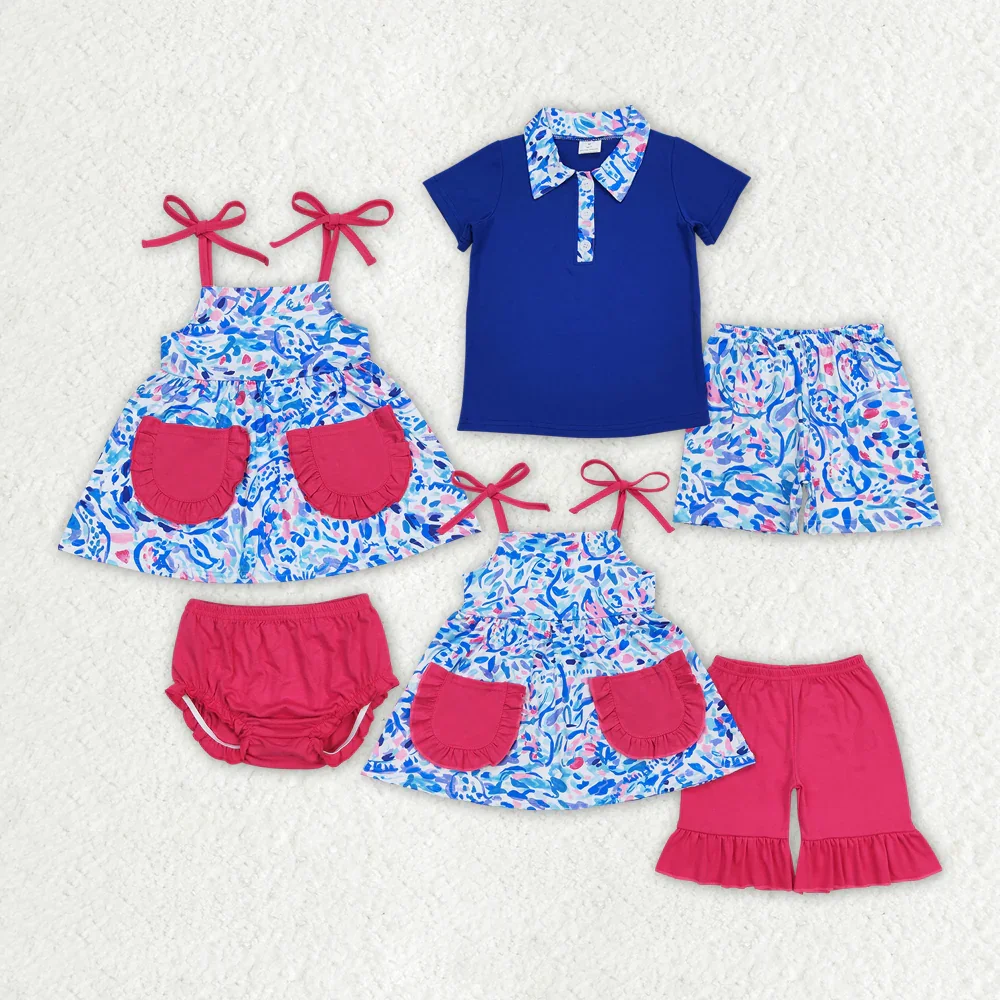 

Baby Girls Blue Grasses Summer Sibling Boys Shorts Clothes Sets