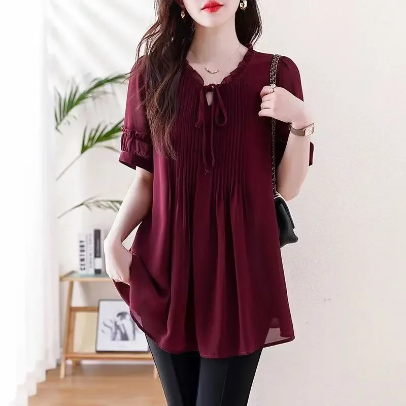 Elegant Plus Size Women Summer A Line Chiffon Blouse Ruffle Tie Neck Short Sleeve Loose Hide Belly Casual Tops S-5XL
