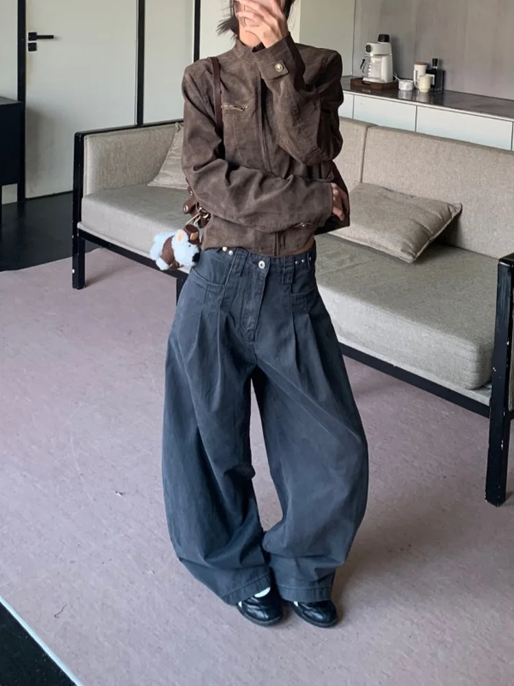 Retro American Street Style Blue Jeans Adjustable Waist Design Double Folded Washed Unisex INS Trendy Casual Loose Fit Jeans