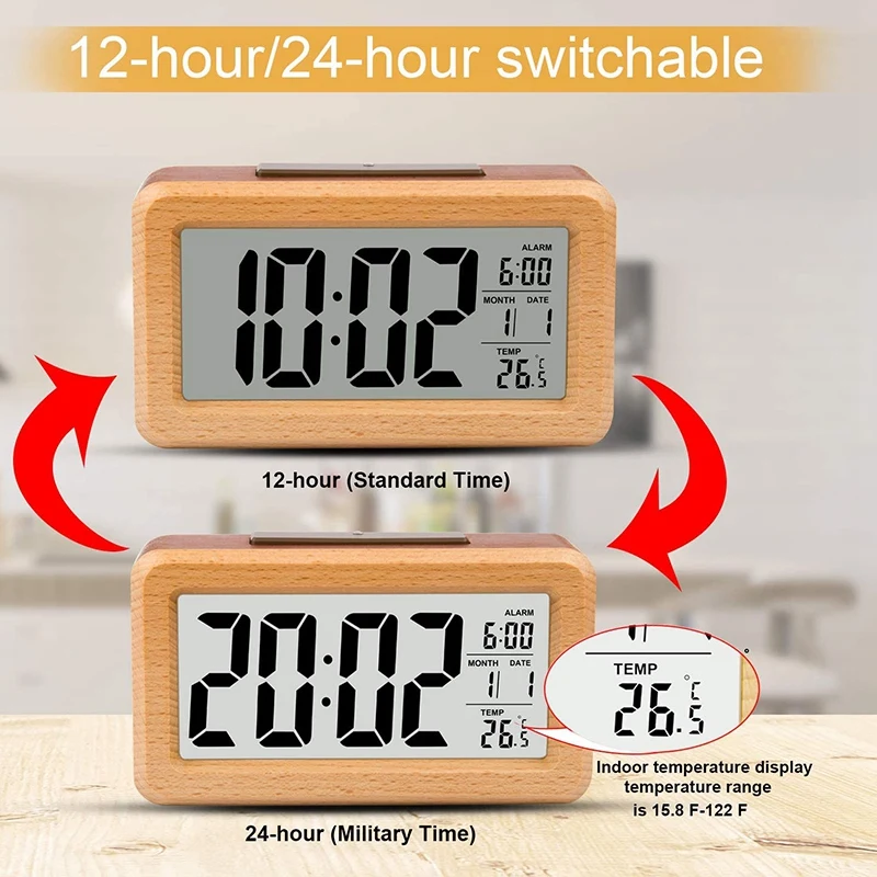 New Wooden Large LED Digital Alarm Clock, Smart Sensor Night Light With Snooze, Date, Temperature, 12/24Hr Switchable