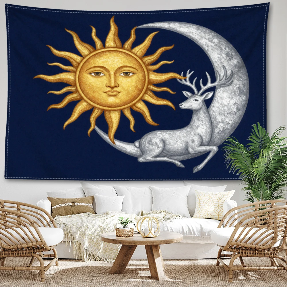 Navy Blue Sun Crescent Moon White Deer Wall Tapestry, Vintage Boho Decor