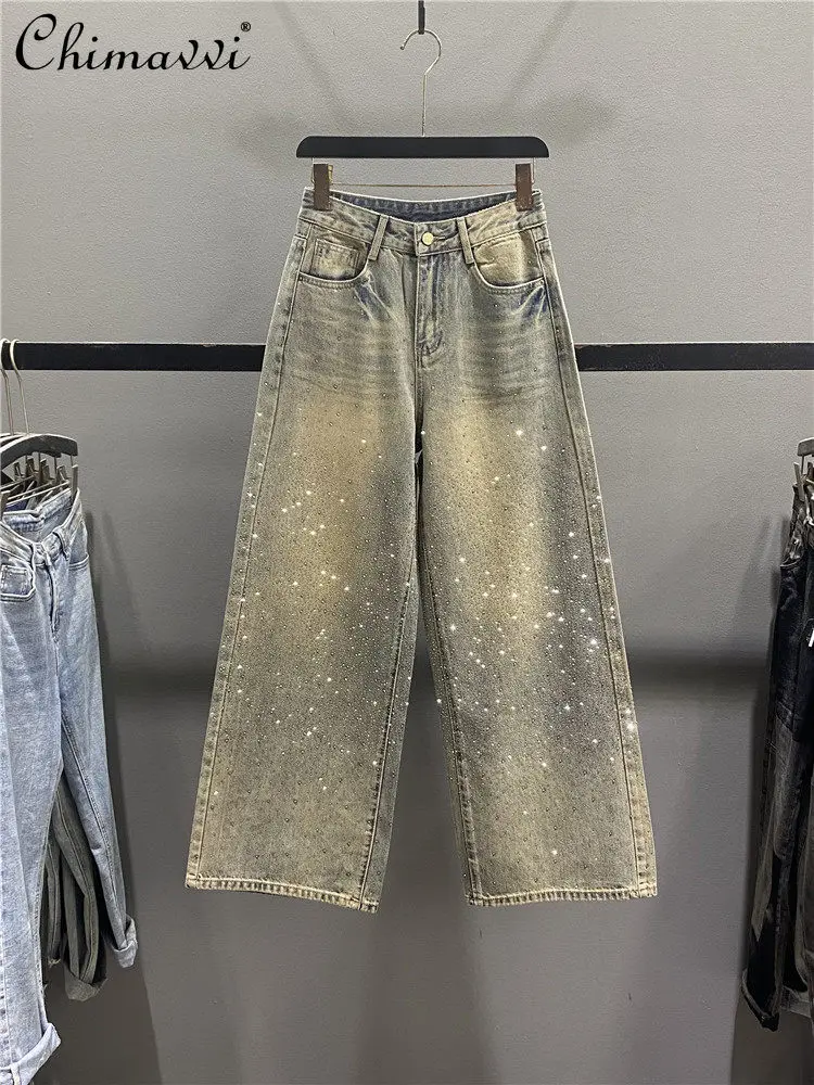 

American Retro Distressed Rhinestone Wide-Leg Jeans for Women 2026 Spring New Fashion Loose Casual Straight Floor-Length Pants