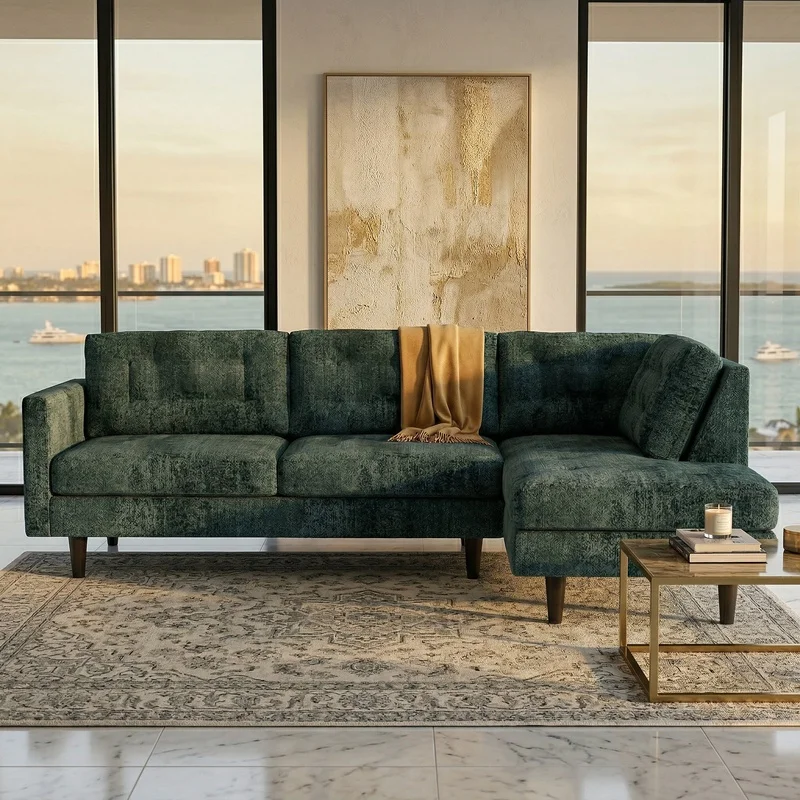 

L-Shaped Sectional Sofa – Made in USA, 5-Day Shipping, Custom Fabric, Green Velvet Antique Charcoal