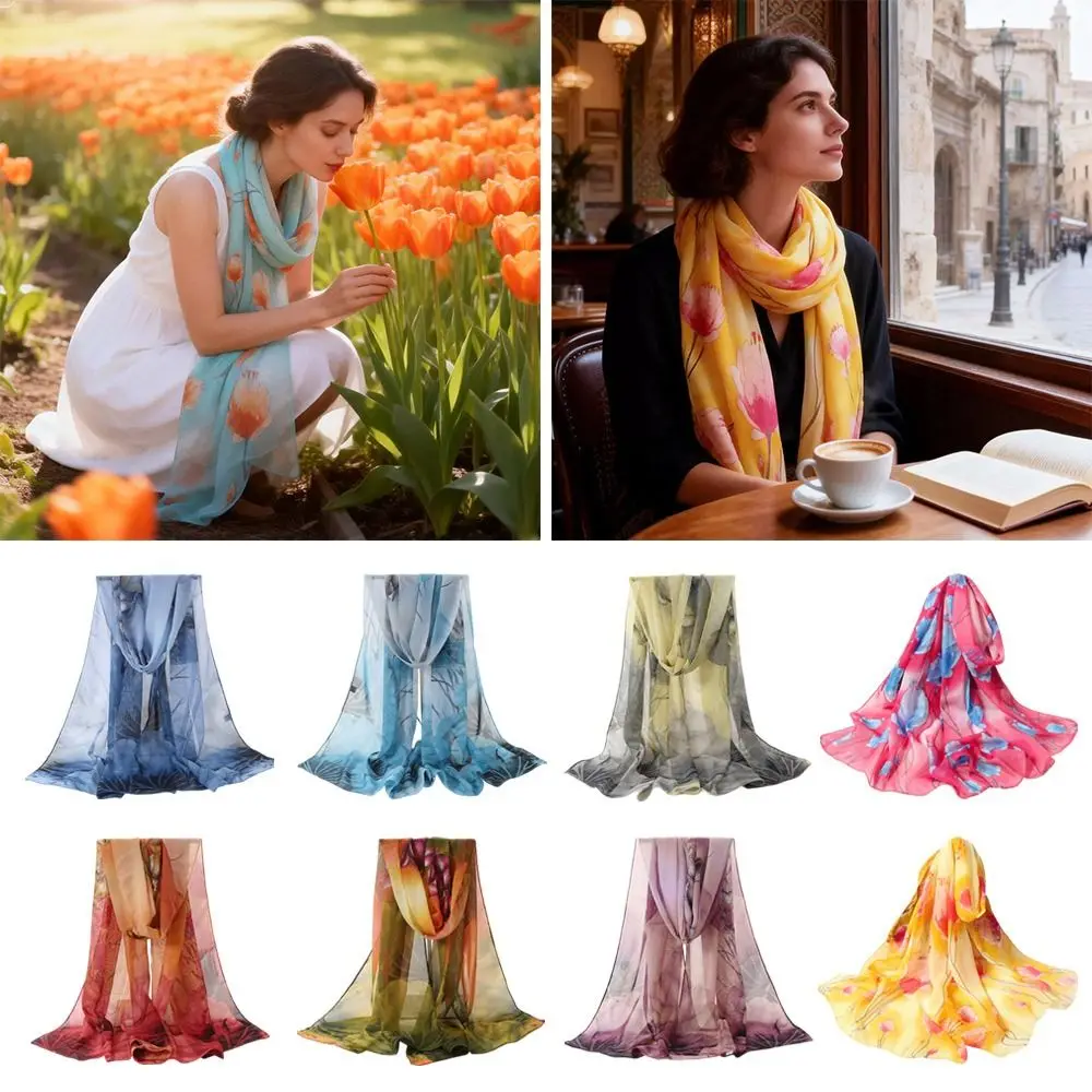 

Summer Embroidered Silk Scarf Breathable Smooth Beach Shawl Chiffon Sun-Resistant Long Wraps for Women