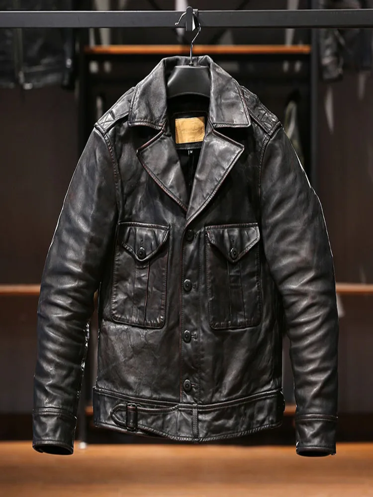 

YR!Free shipping.2024 brand new rider genuine leather jacket.Luxury vintage black tea core horsehide coat.japan style