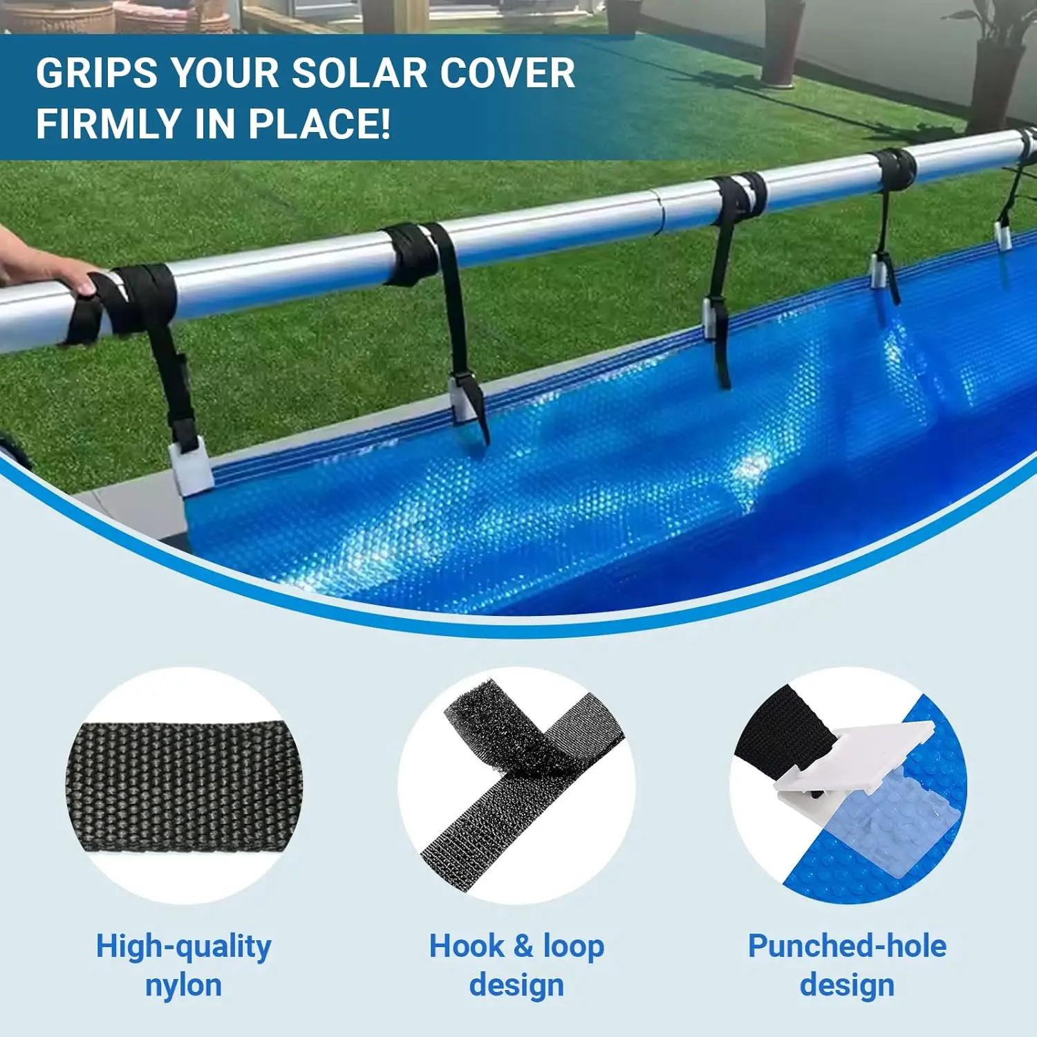 8pcs Swimming Pool Cover Reel Set Storage Spool Pool Solar Cover Roller Attachment Strap Clip Kit