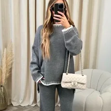 2024 autumn winter Women\'s Set suit New black long sleeve striped Knit Sweater swearshirt + Elastic waist Slim Wide leg pant XXL