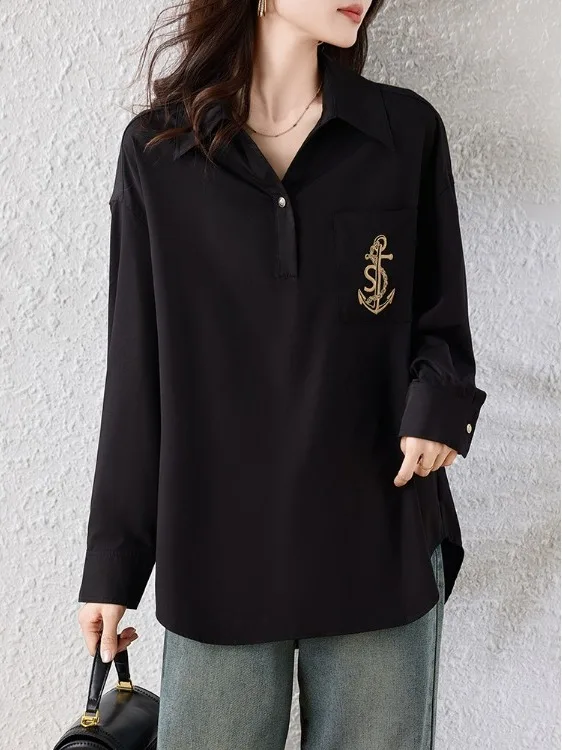 Rétro ample décontracté Bla brodé irt femmes longue Sve col rabattu polyvalent printemps nouveau haut Sle matériel de qualité