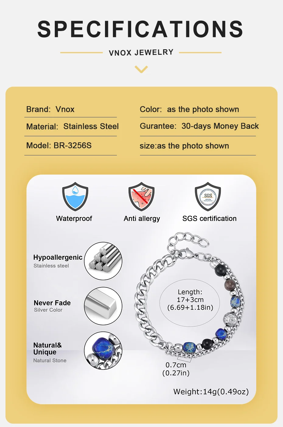 Vnox Herren-Doppelschicht-Armband, Edelstahl Kubanisches Türkis-Perlenarmband, Verstellbarer Schmuck für Männer, für den täglichen Gebrauch und Partys. – Detail 4