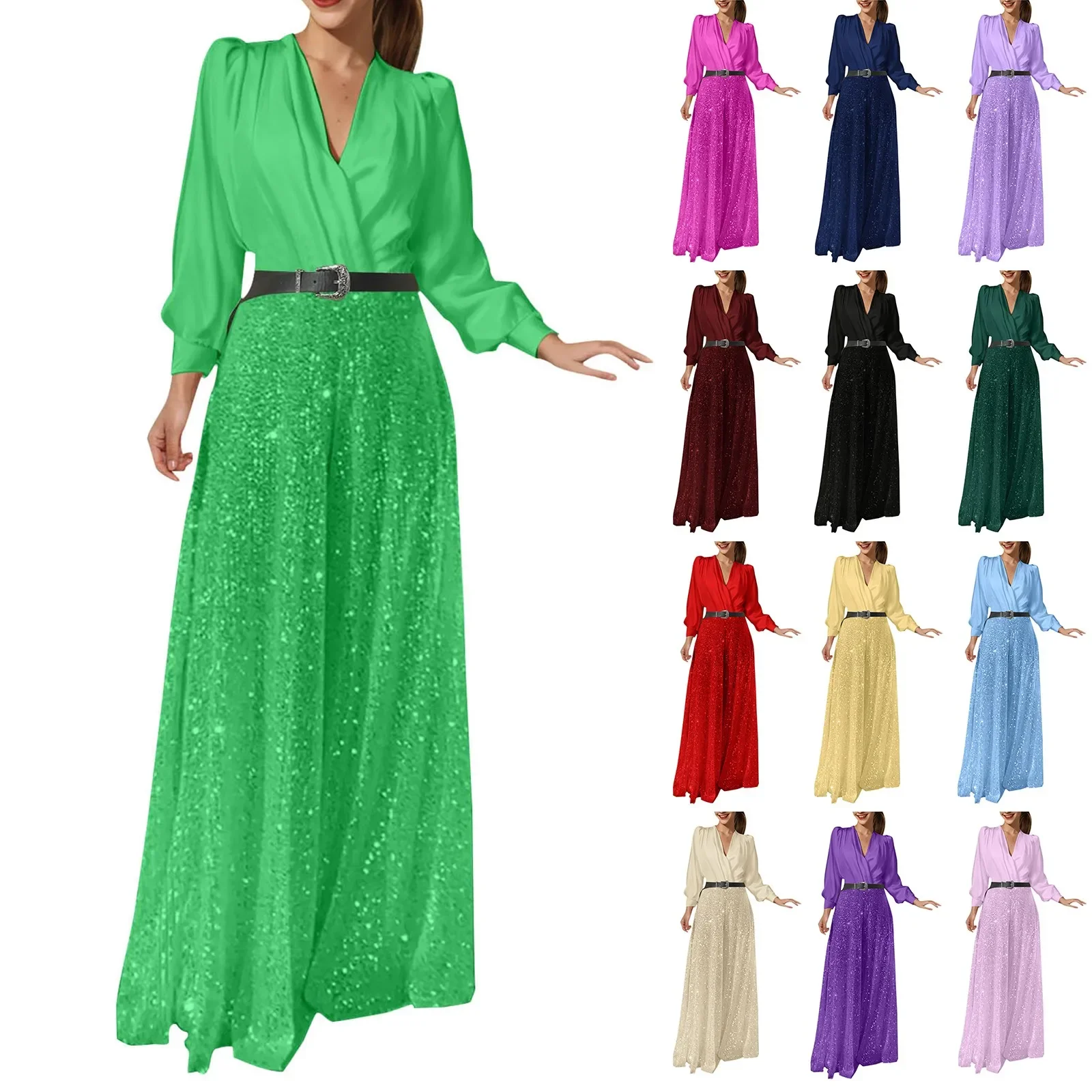Glitter Jumpsuits Women Elegant Shirts And Wide Leg Pants Jumpsuit Sexy Deep V Neck Sexy Club Rompers And Jumpsuits for Women