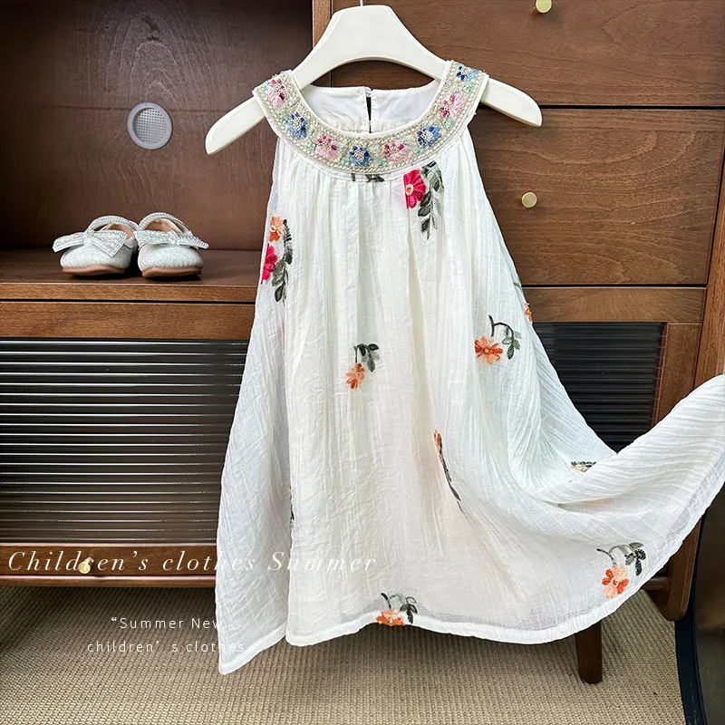 

ZLXZ-Girls' Dress2024Summer New Style Fashionable Girl Embroidery Halterneck Skirt Bohemian Style Baby Girl Skirt