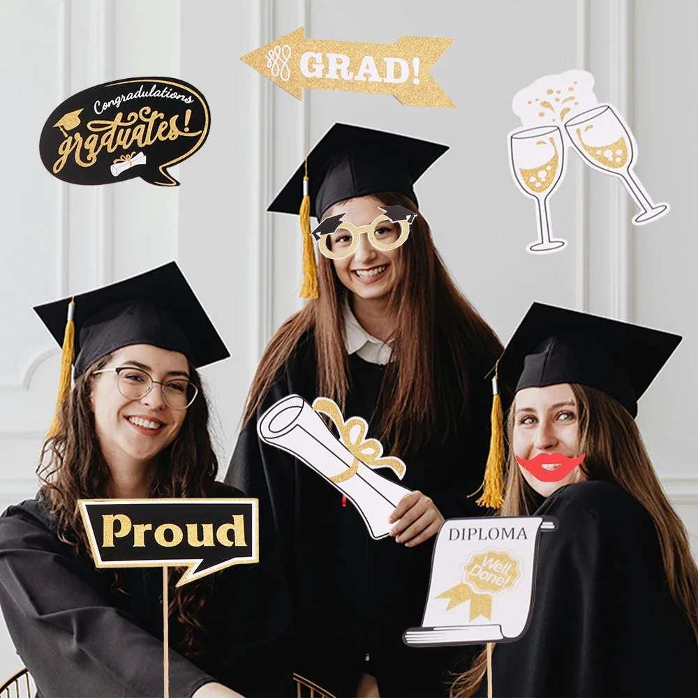 25 piezas de accesorios para fotos de graduación en negro y dorado, barba de felicitación, gafas, adorno para pastel de graduación, gorro de licenciado para festivales