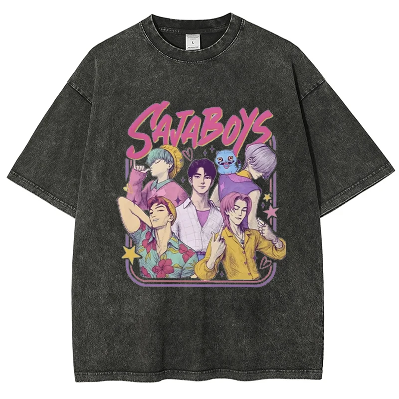 

Men'S Fashion Short Sleeved Saja Boys Letter Pattern Kpop Trendy Printed T-Shirts Multi Color Round Neck Oversized Loose Tops