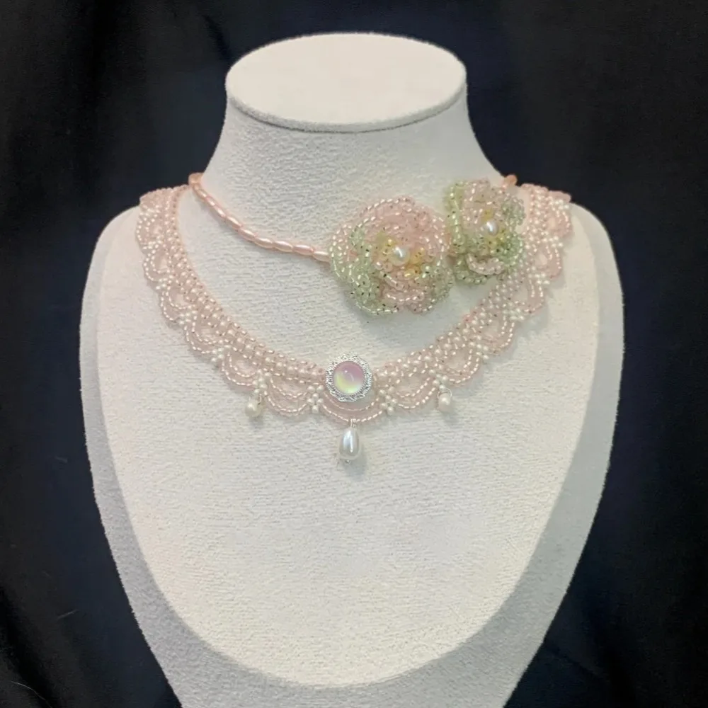 Pink Beaded Floral Choker Necklace with Pearl Drop Vintage Handmade Beadwork Necklace for Women Wedding Party Lolita Accessory