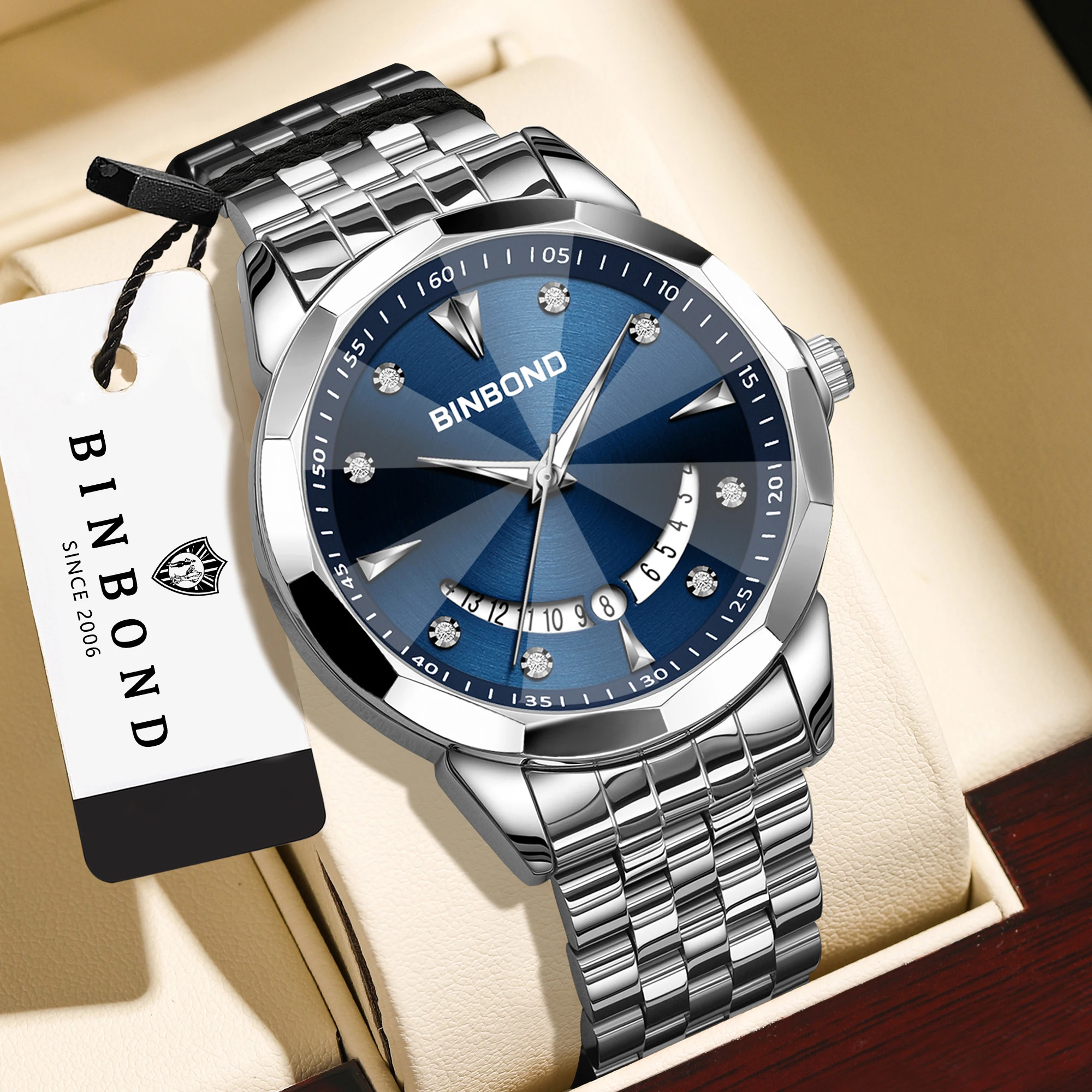 BINBOND Original Quartz Watch Stainless Steel Luxury Reloj Luminous Waterproof Elegante Hombre Lujo Watches For Men Relojes +Box