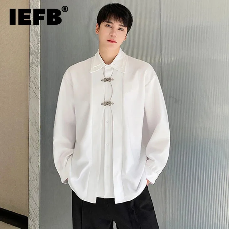 

IEFB Male Shirt Niche Design Double Collar Metal Knot Button Solid Color Men's Long Sleeve Shirts Korean Style Autumn New 9C4958