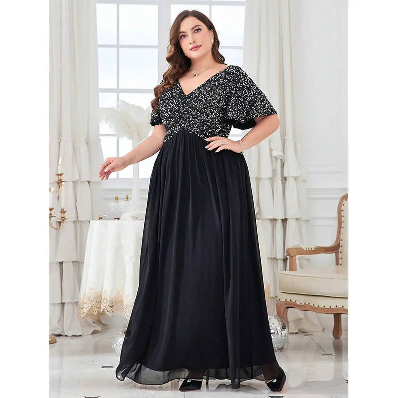 Plus Size V-neck Silver and Black Chiffon Long Dress 4XL5XL Big Size Black Short-Sleeved Chiffon Evening Dress for Women