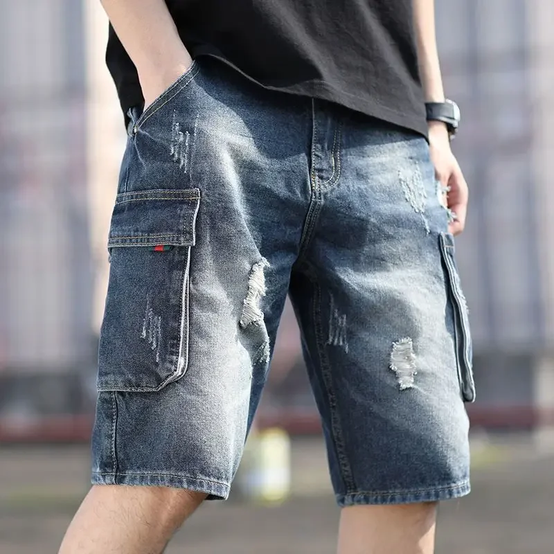 Man Denim Shorts Ripped Straight Half Long Short Jeans Pants for Men Bermuda Vintage Cowboy Jorts Korean Fashion Buttons Summer