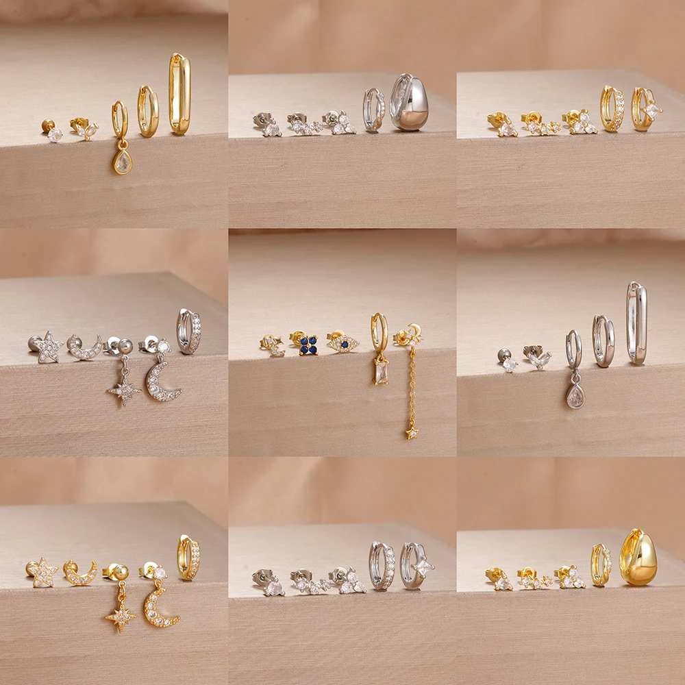 5PCS Stainless Steel Star Moon Minimal Hoop Earrings Set Small Helix Tragus Cartilage Huggie Piercing Earring Women's Jewelry