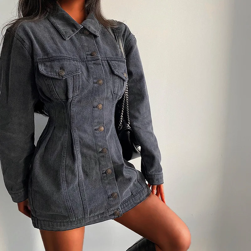 Vintage Denim Jacket Dress Fashion Slim Fit Button Skirt Turndown Collar Long Sleeve Washed Jeans Dresses For Woman Vestidos