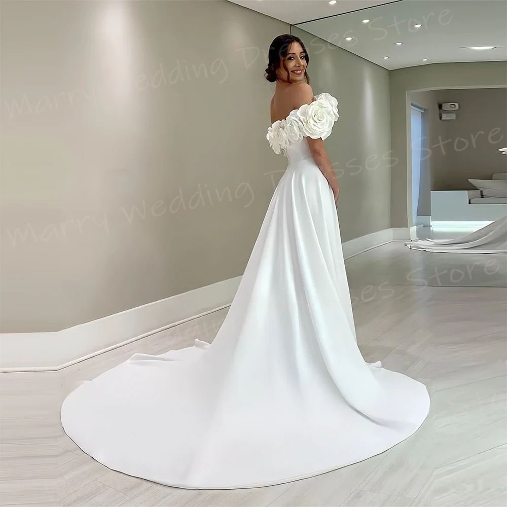 Modern A Line Women's Wedding Dresses Graceful 3D Flowers Bride Gowns Off The Shoulder Side Split Satin Vestidos De Novia Boda