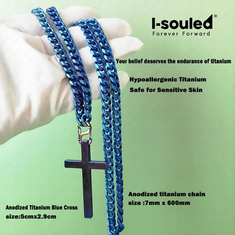 Anodized Titanium Blue Cross Pendant Necklace for Men Women, Hypoallergenic Religious Jewelry Gift