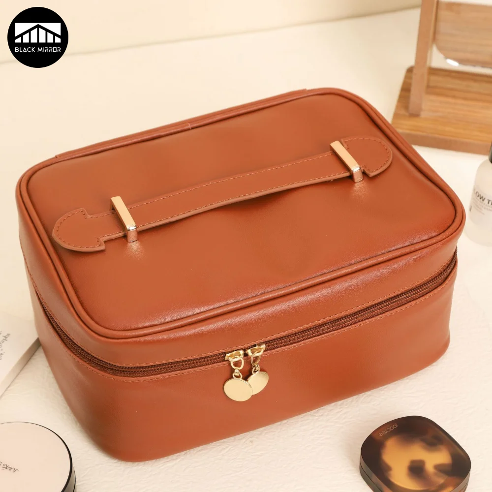 Sac de rangement de maquillage en cuir PU carré de grande capacité pour femme, sac de rangement cosmétique, sac de toilette, évaluation portable,