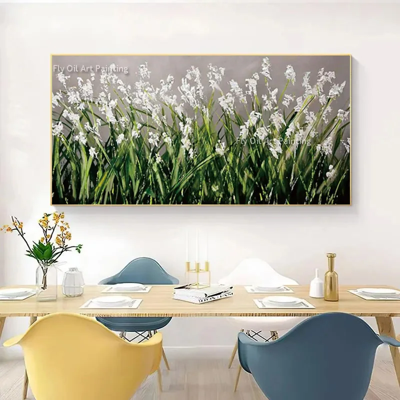 Simple Design Green White Flowers Field Canvas Artwork Handmade Special Red White Brich Tree Landscape Oil Painting For Room