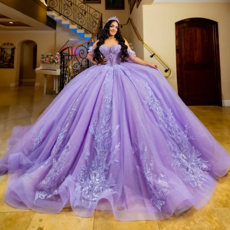 

Light Lilac Shiny Quinceanera Dresses Off The Shoulder Sequin Applique Lace Beads Corset Tull Party Birthday Sweet 16 Dress