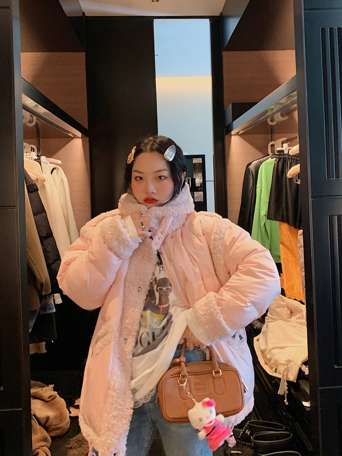 

Зимняя женская куртка в стиле пэчворк с мехом ягненка золотого ветки 2025 года, большой размер, прямой крой, белая наполнитель из ду-пуха