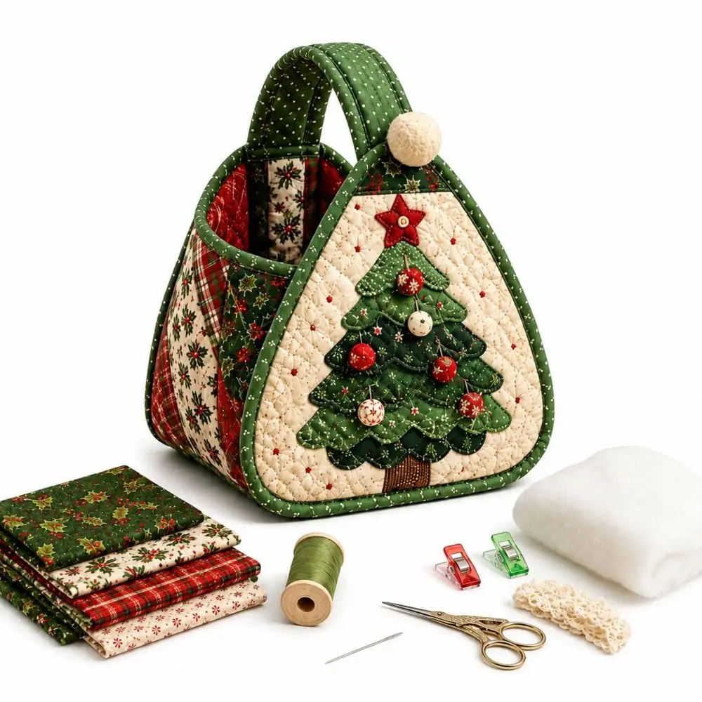 Semi-Finished Christmas Carry Basket Padded Patchwork Foldable Quilted Carry Basket Portable Handheld Quilted Tote Bag