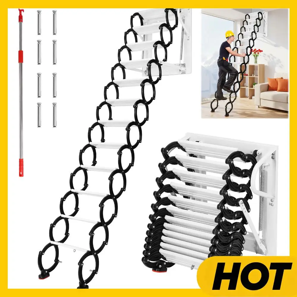 

12 Steps Attic Ladder Pull Down System Up To 600lbs Wall Mounted Ladder with Anti-Slip Steps 11.2ft for Home Indoor Outdoor