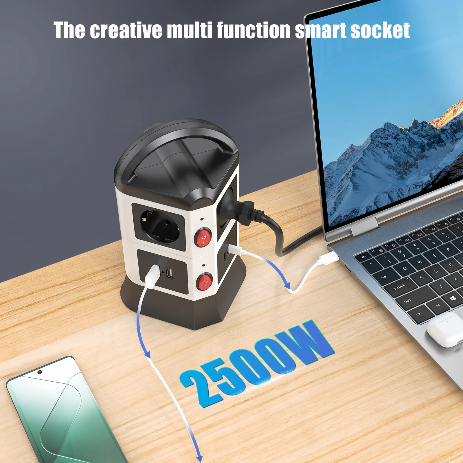 EU Tower Power Strip 6 Way Outlets Vertical Power Socket with 2 USB 2 Type C 2M Extension Cord Multi Plug Overload Protector 10A