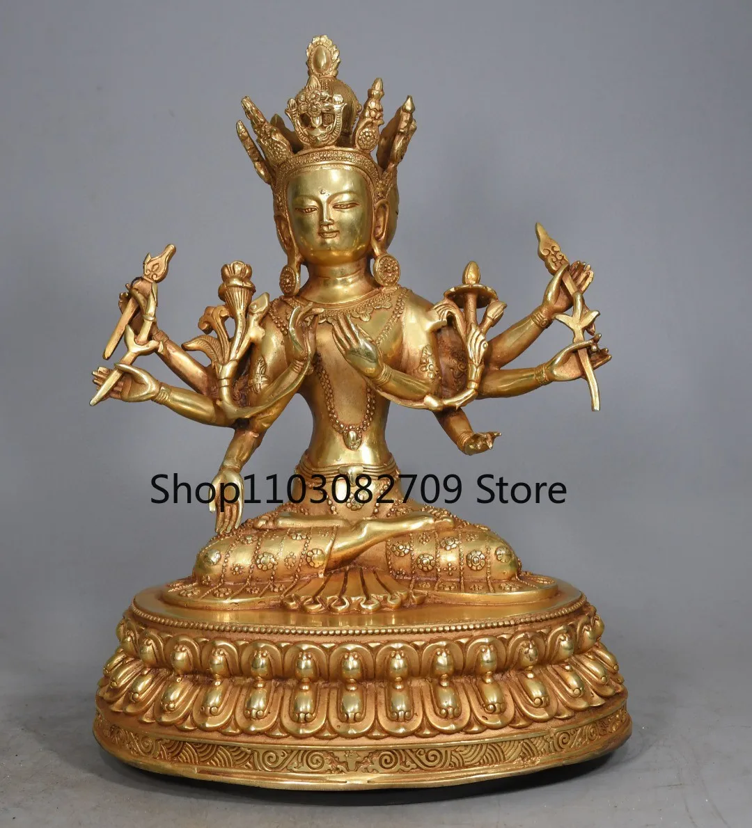 Tibetan brass gilt three sides eight arms Zunsheng Buddha mother statue home hall supplies indoor incense case offering ornament