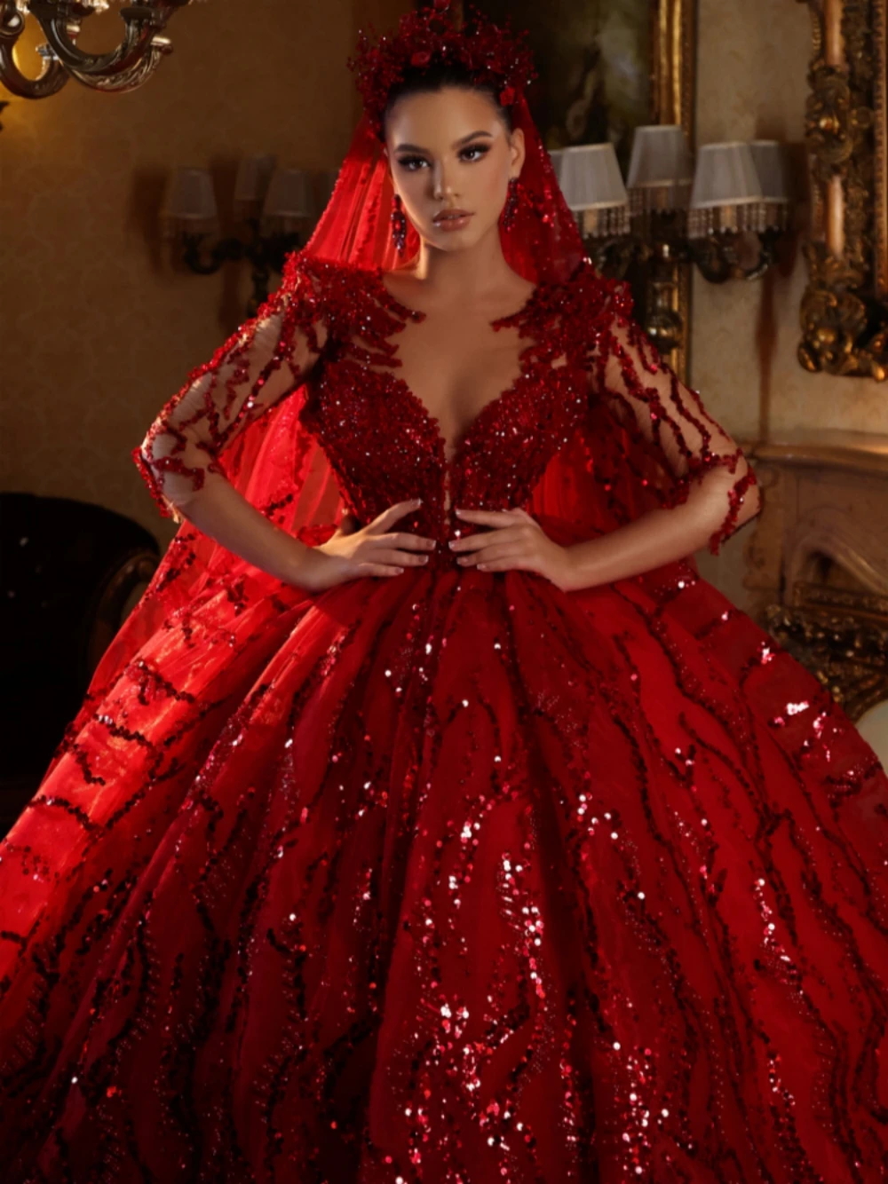 Abito da sposa classico con scollo a V e maniche a quarti Abito da sposa con paillettes scintillanti 2025 Abito da sposa rosso di lusso