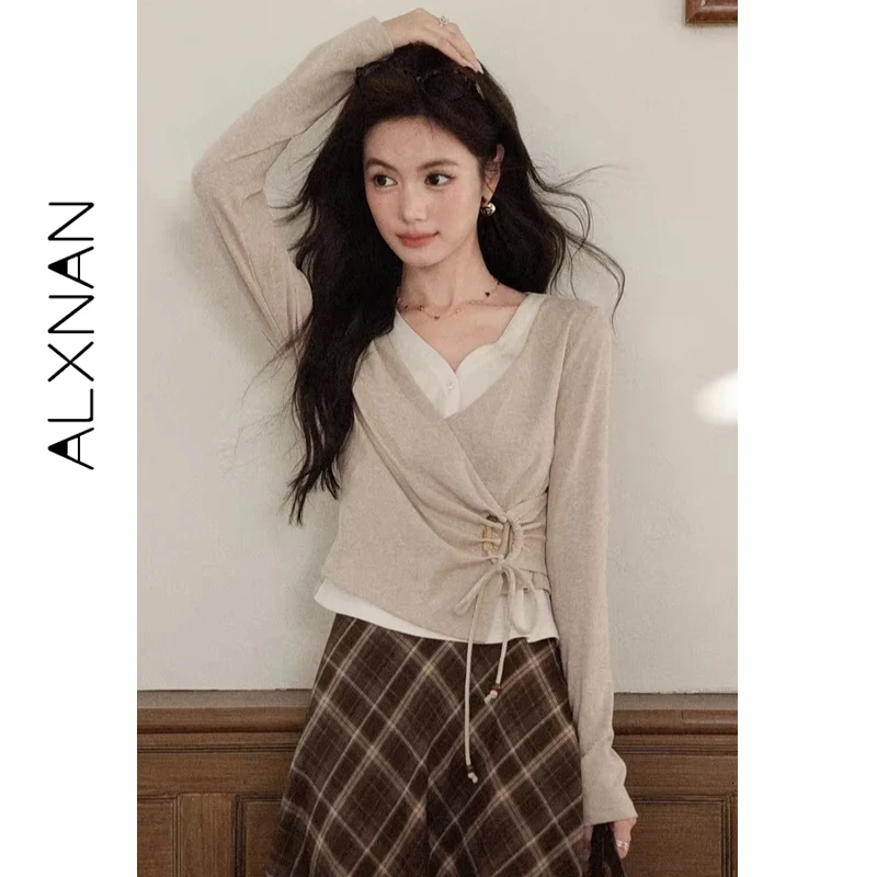 ALXNAN T-shirt a maniche lunghe da donna Design asimmetrico Coulisse Cravatta Dettaglio Autunno Nuovo scollo a V Ritagliata Falsa Top in due pezzi L569112