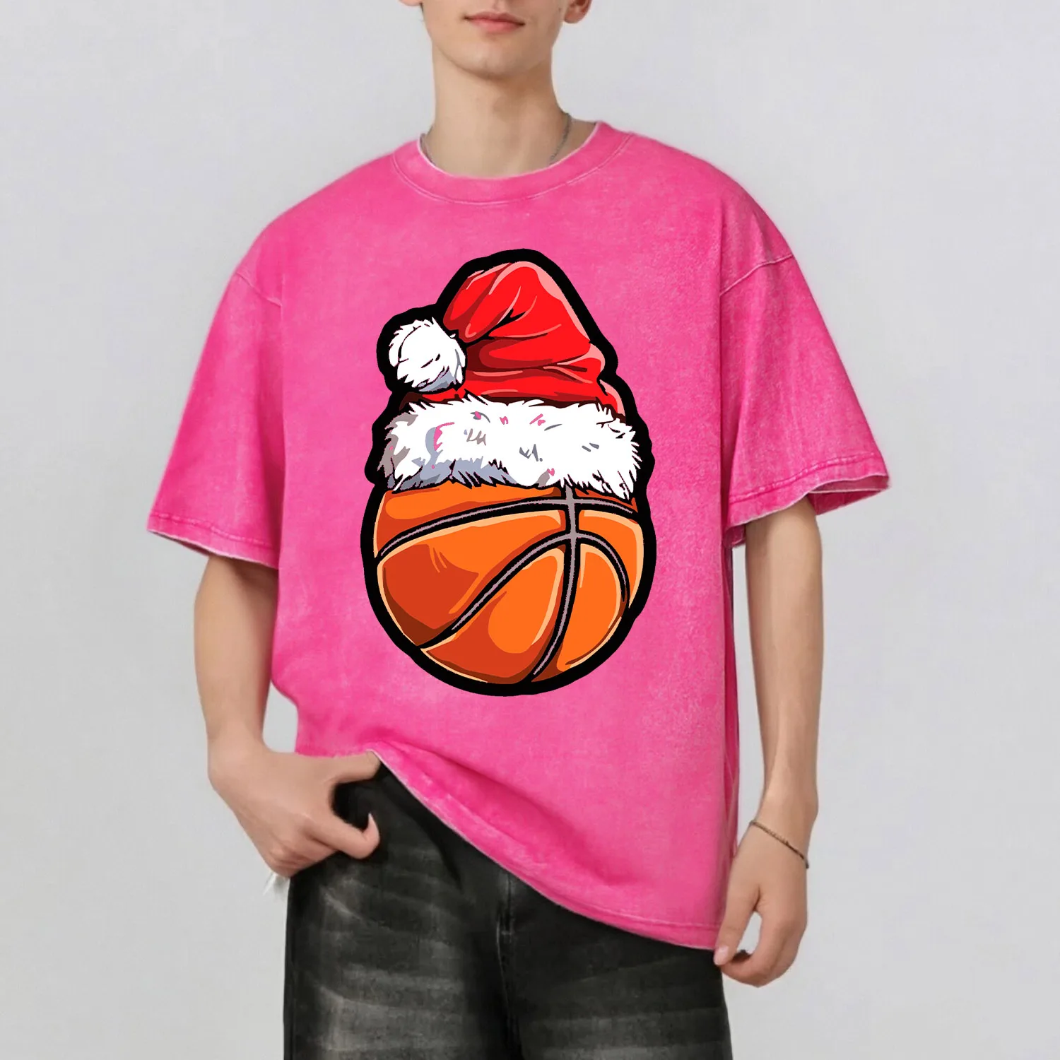عيد الميلاد كرة السلة الجرافيك الطباعة الرجال الصيف ريترو ستايل غسلها المياه تي شيرت عادية قصيرة الأكمام الأساسية الرجال أعلى 230 جرام
