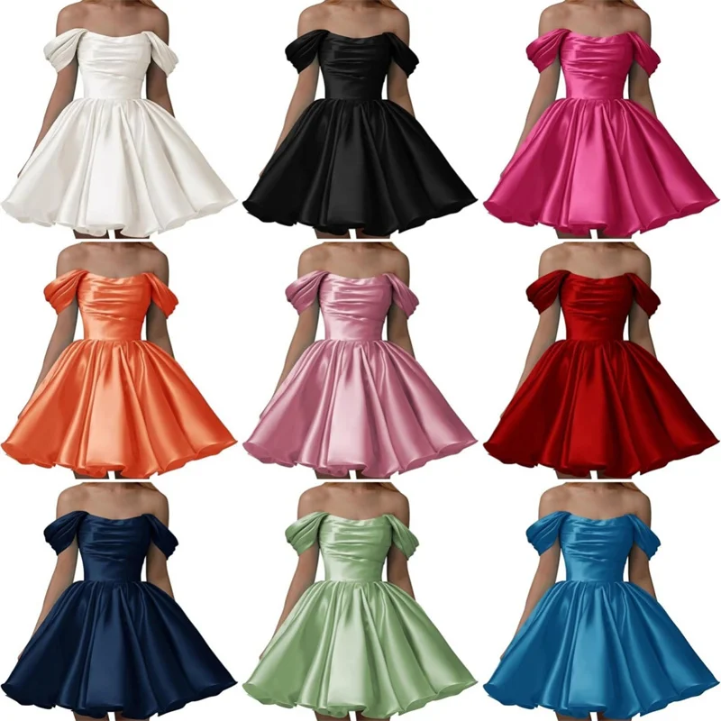 

Атласное вечернее платье А-силуэта с открытыми плечами и вырезом-лодочкой, с плиссировкой, для подружек невесты, на свадьбу, вечеринку, выпускной, день рождения, длиной до колена, на шнуровке