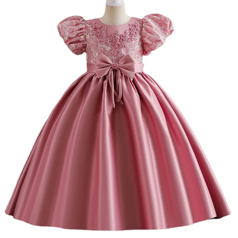 2023 Summer New Children\'s Dress Long Princess Dress Satin Wedding Dress Flower Children Dress Bubble Sleeve Dress