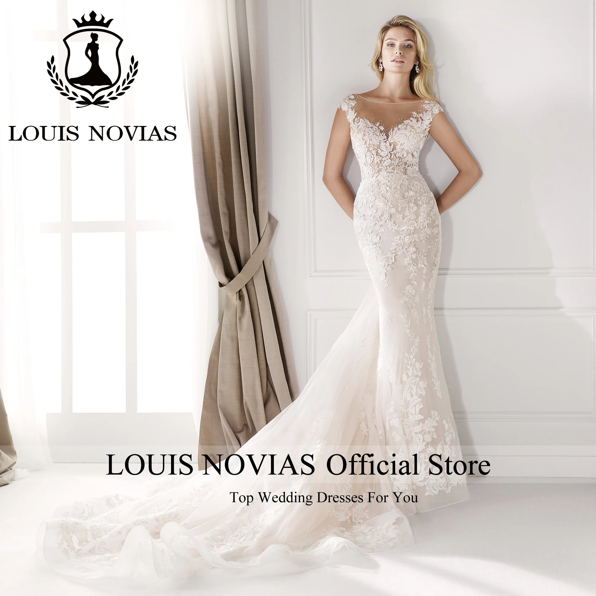 LOUIS NOVIAS ชุดเดรสเมอร์เมดสําหรับผู้หญิงเซ็กซี่เจ้าสาวแขนสั้น SCOOP Appliques ชุดแต่งงานเปลือย Vestidos De Novia