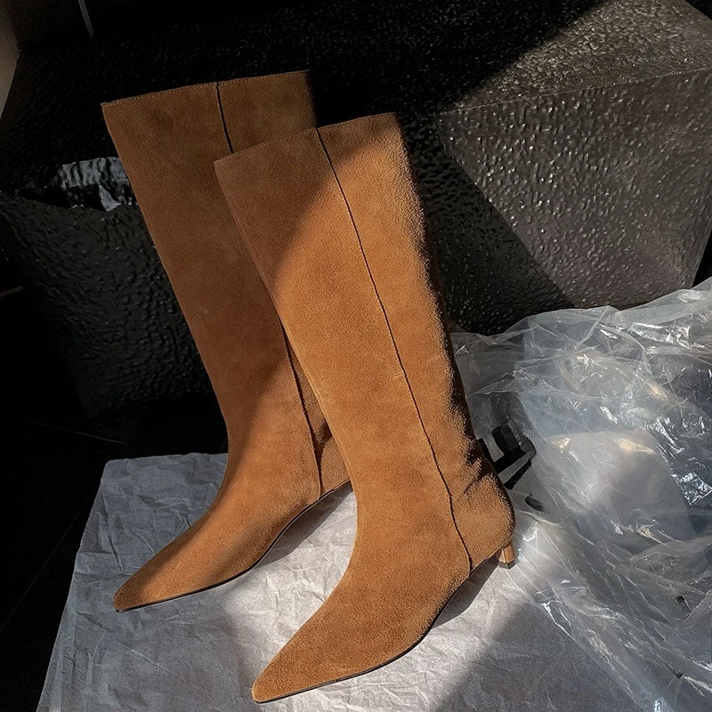 ESVEVA 2027 Fashion Women Knee High Boots Autumn Shoes Cow Suede Pointed Toe Winter High Heels Pleated Dress Long Boots 34-41